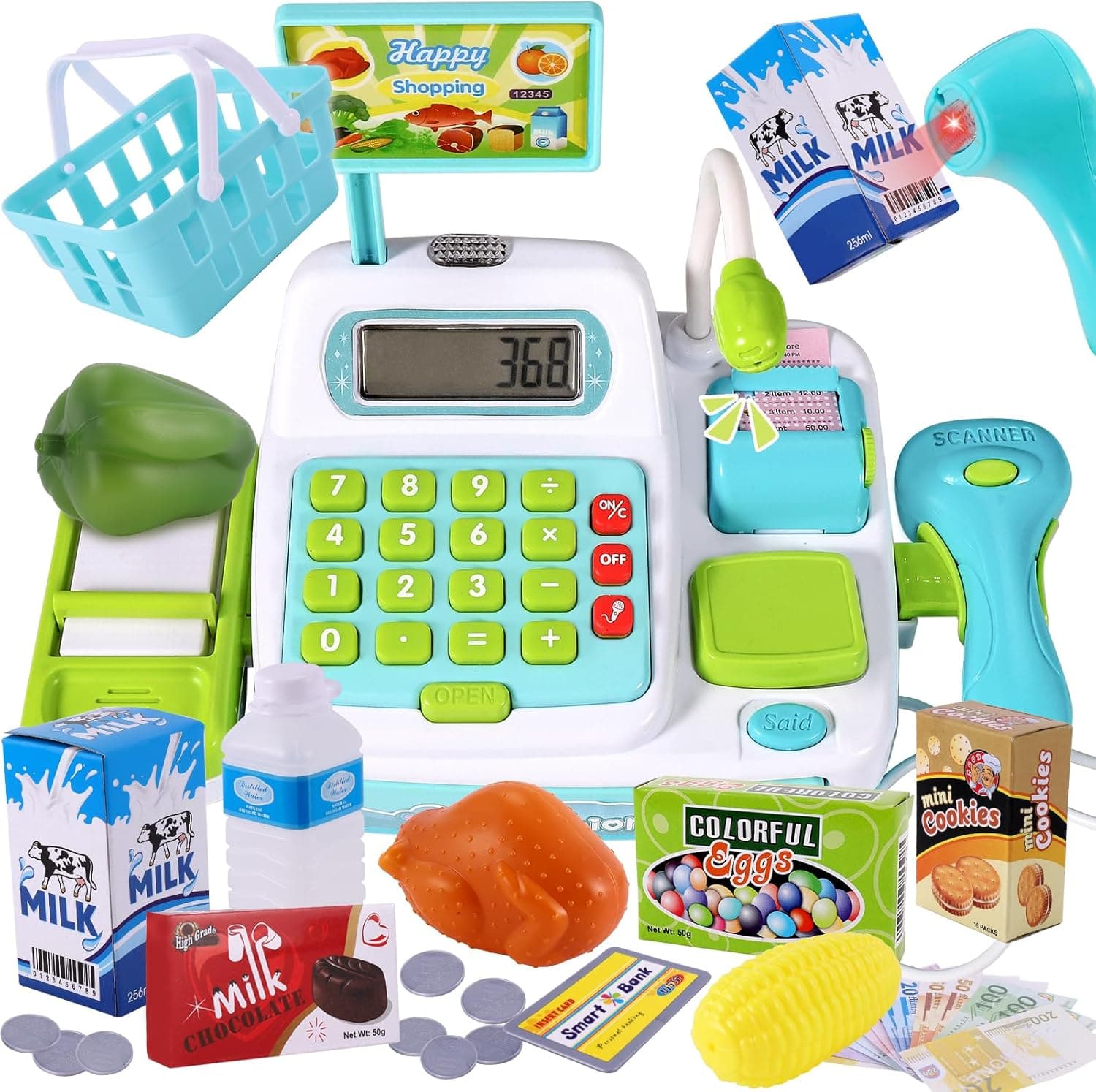 BUYGER Kids Pretend Play Toy Till Cash Register with Scanner